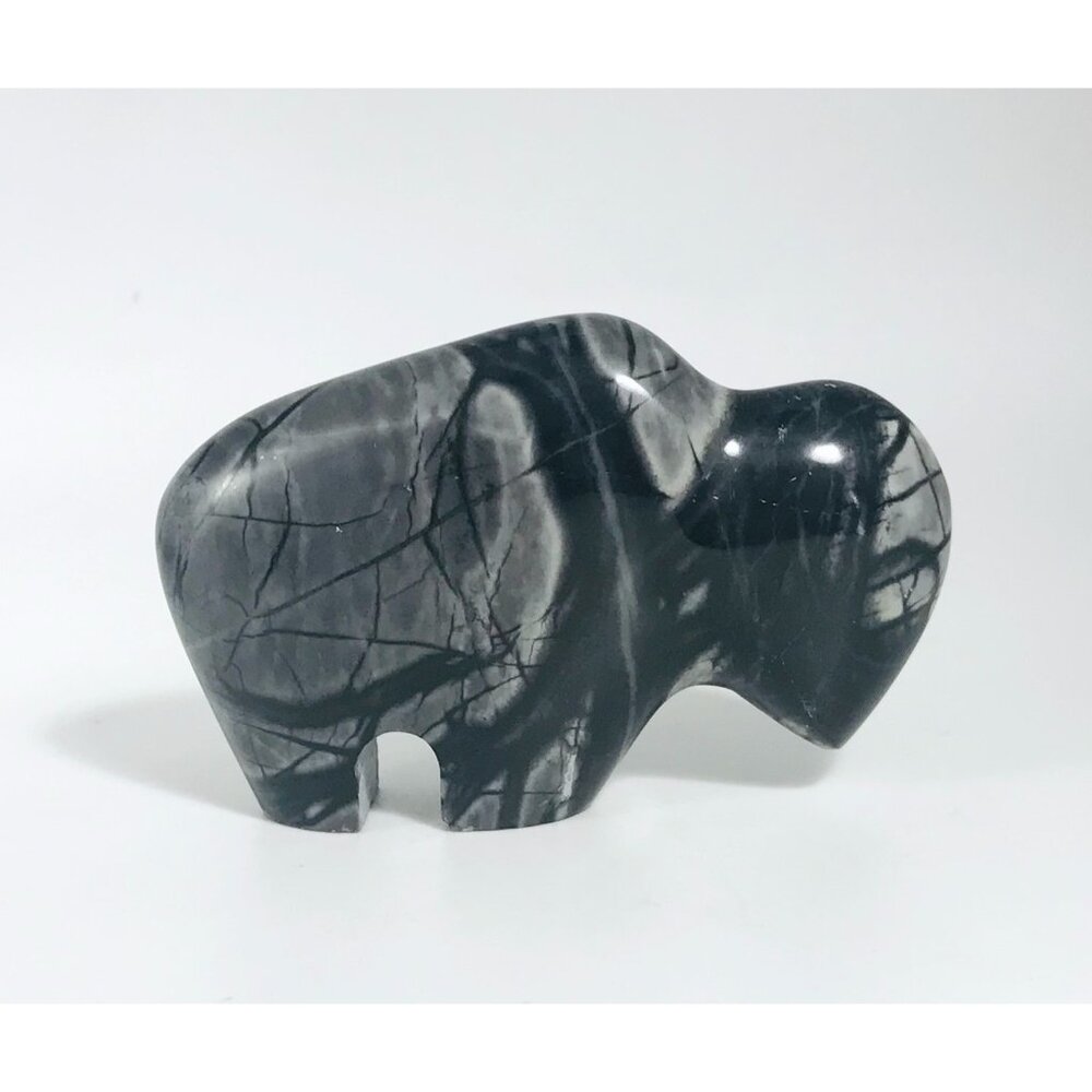 Carved Buffalo Fetish Black Picasso Marble Bison Figure Carving Stone